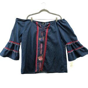 NWT Hannah Boho‎ Embroidered Off Shoulder Top Chambray Bell Sleeve Womens L